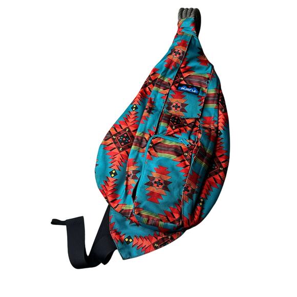 KAVU Original Rope Sling Bag Backpack Turquoise Green Aztec Print  Multicolor - Picture 1 of 6